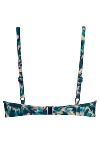 Bikini top s nastavitelnými ramínky, který má tyrkysový, zelený a bílý maskáčový vzor a uzávěr na zadní straně.