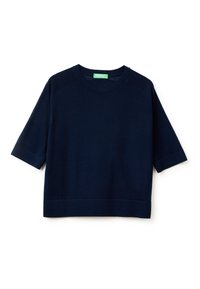 Granatowy, dziergany top z krótkim rękawem o okrągłym dekolcie, charakteryzujący się luźnym krojem i prążkowanym wykończeniem. Teksturowany materiał z delikatnym wzorem.