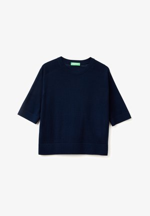 Maglietta corta a maniche corte di colore blu navy, con scollatura a girocollo, caratterizzata da una vestibilità morbida e orlo a costine. Tessuto con una texture e un motivo sottile.