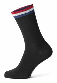 Schwarze Baumwollsocke mit einem gerippten Bündchen, das rot, weiß und blau gestreift ist; glatte Textur und eine verstärkte Zehenpartie für Langlebigkeit.