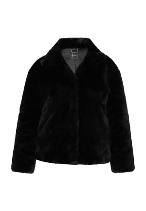 Black faux fur jacket with a notched collar and long sleeves, featuring a smooth texture and slight sheen. Fastens at the front.