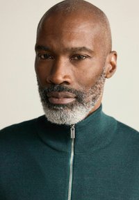 Vidēja vecuma vīrietis ar kailu galvu un pelēkiem matiem, ģērbts tumši zaļā zip-up džemperī, skatās tieši priekšā ar neitrālu izteiksmi.