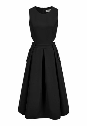 Schwarzes ärmelloses Kleid mit tailliertem Oberteil, gefälteltem Rock, seitlichen Taschen und einem Reißverschluss auf der Rückseite. Hergestellt aus einem glatten Stoff.