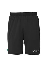 Zwarte sportshorts van lichtgewicht materiaal, met een elastische tailleband, twee zijzakken en de merknaam "uhlsport" in het wit.