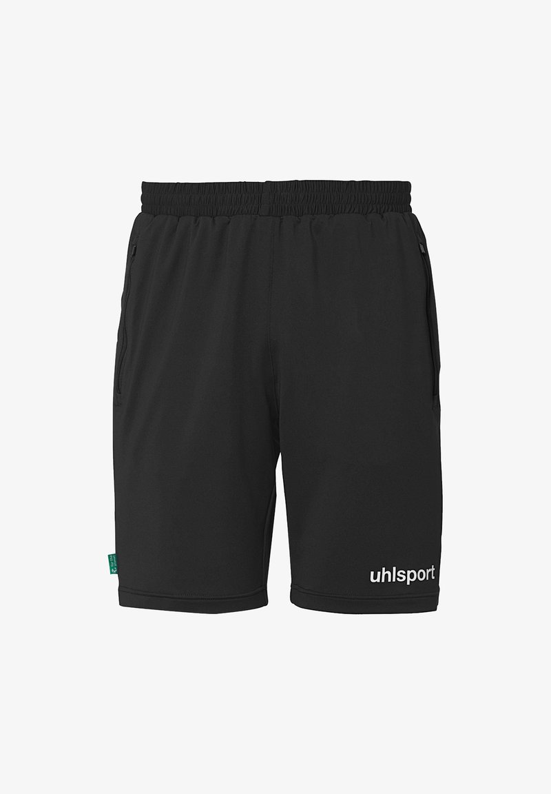 Zwarte sportshorts van lichtgewicht materiaal, met een elastische tailleband, twee zijzakken en de merknaam "uhlsport" in het wit.