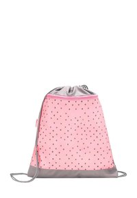 Rucksack mit Zugband in Pink, mit schwarzen Punkten, grauem Boden und Kordelriemen. Glatte Textur, dreieckige Form, Reißverschluss-Oberverschluss.