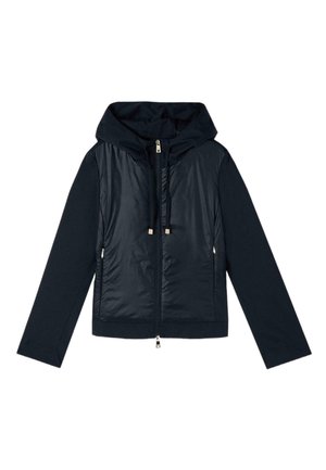 Giacca con cappuccio blu navy con zip frontale, coulisse, maniche lunghe e pannello in tessuto liscio sul torso.