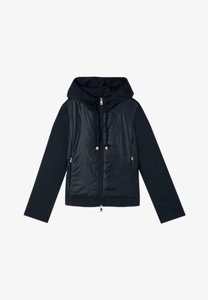 Navy blue hooded jacket with zip front, drawstrings, long sleeves, and smooth fabric panel on the torso.