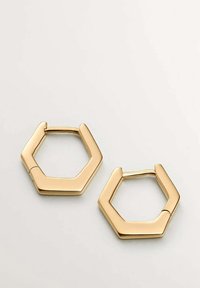 Pendientes de aro hexagonales dorados con un acabado pulido. El diseño presenta formas angulares y un cierre de bisagra sin costuras para un aspecto moderno.