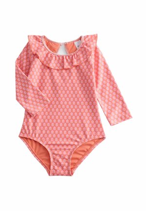 Bañador de bebé de manga larga en color coral con estampado de medusas en rosa claro y cuello con volantes, cierre en la espalda con abertura en forma de llavero.