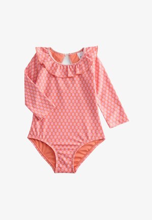 Bañador de bebé de manga larga en color coral con estampado de medusas en rosa claro y cuello con volantes, cierre en la espalda con abertura en forma de llavero.