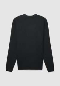 Schwarzer Strickpullover mit schlichter Struktur, Rundhalsausschnitt und langen Ärmeln. Die Rückansicht zeigt ein einfaches Design ohne Verzierungen.