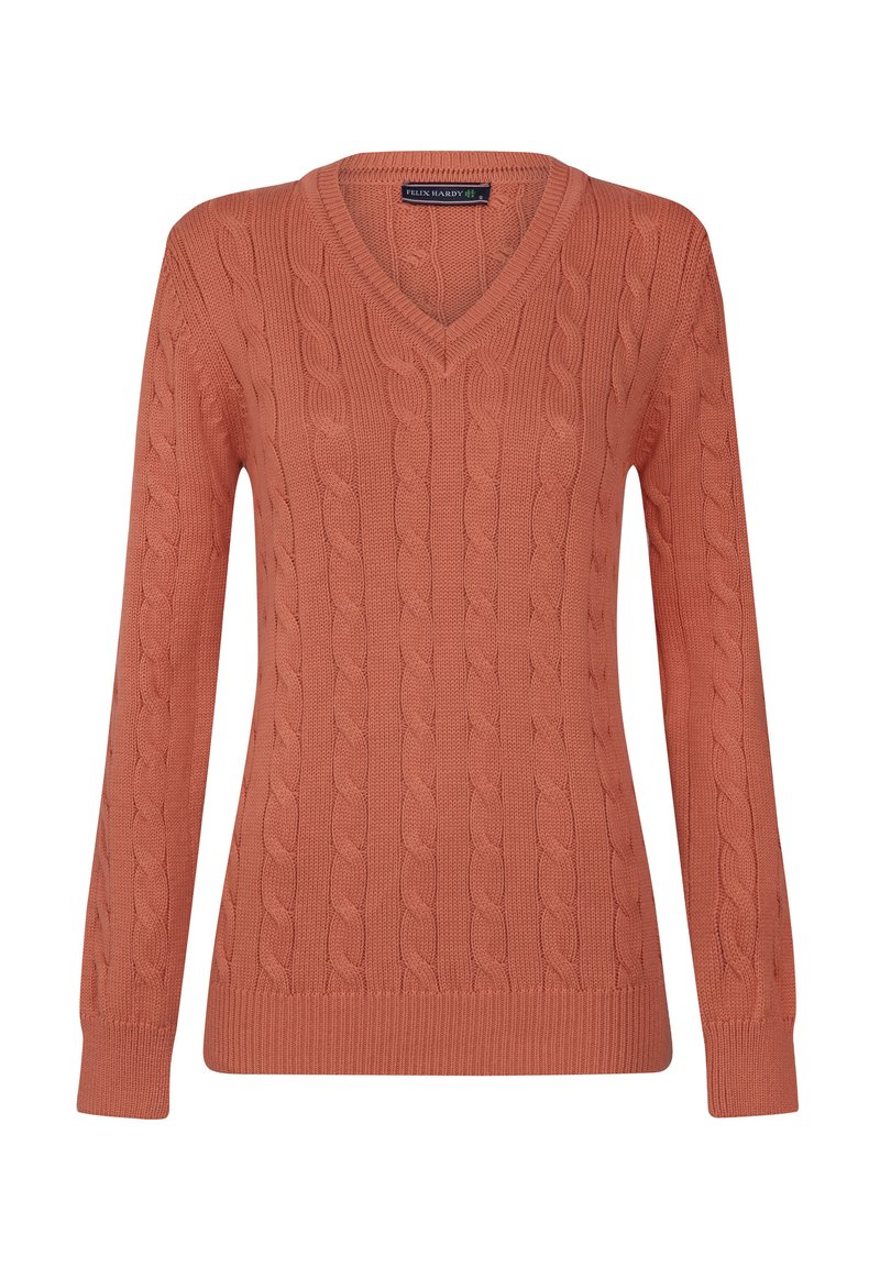 Maglione a collo a V in maglia a treccia di colore arancione ruggine, con polsini e orlo a coste, caratterizzato da un motivo tessuto su tutta la stoffa.