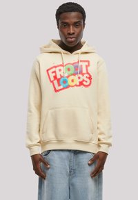 Cream hoodie featuring a red, blue, green, and yellow "Froot Loops" graphic. Includes a front pocket and drawstring hood. Light fabric texture.