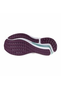 Suela de zapato con una base de goma morada, que presenta un patrón de agarre texturizado y un diseño en capas con acentos en azul claro y blanco.