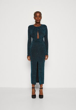 Shayna Ruched Front Long Sleeve Midi Dress Teal Glitter