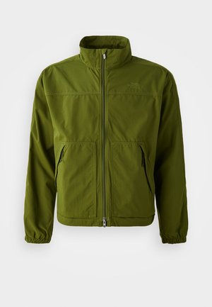 Olive green North Face jacket with full front zipper, high collar, elastic cuffs, and two front zippered pockets.