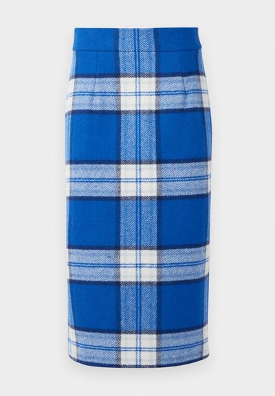 Jupe crayon à carreaux bleu et blanc avec une taille haute et un ourlet à hauteur de genoux, arborant de larges rayures horizontales et verticales.