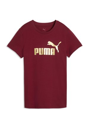 Bordowa koszulka z krótkim rękawem z okrągłym dekoltem i metalicznym złotym logo Puma oraz nazwą marki na piersi.