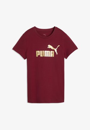 Bordowa koszulka z krótkim rękawem z okrągłym dekoltem i metalicznym złotym logo Puma oraz nazwą marki na piersi.