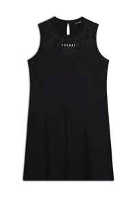 Abito nero senza maniche realizzato in tessuto morbido, con schiena a chiave, dettaglio superiore testurizzato e logo "FREDDY" sul davanti.