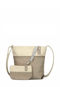 Beige- und helltaupefarbene Umhängetasche aus synthetischem Material mit abnehmbarer Mini-Tasche, verstellbarem Riemen und dekorativen Riemendetails.