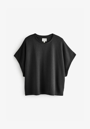 Top negro de manga corta hecho de tela texturizada, con escote redondo y un diseño de ajuste suelto con mangas amplias.