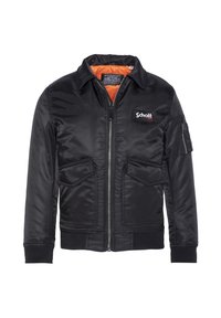 Schwarze Bomberjacke aus Satin, mit Reißverschluss vorne, zwei Fronttaschen, gerippten Bündchen und einem leuchtend orangefarbenen Futter. "Schott"-Logo vorhanden.