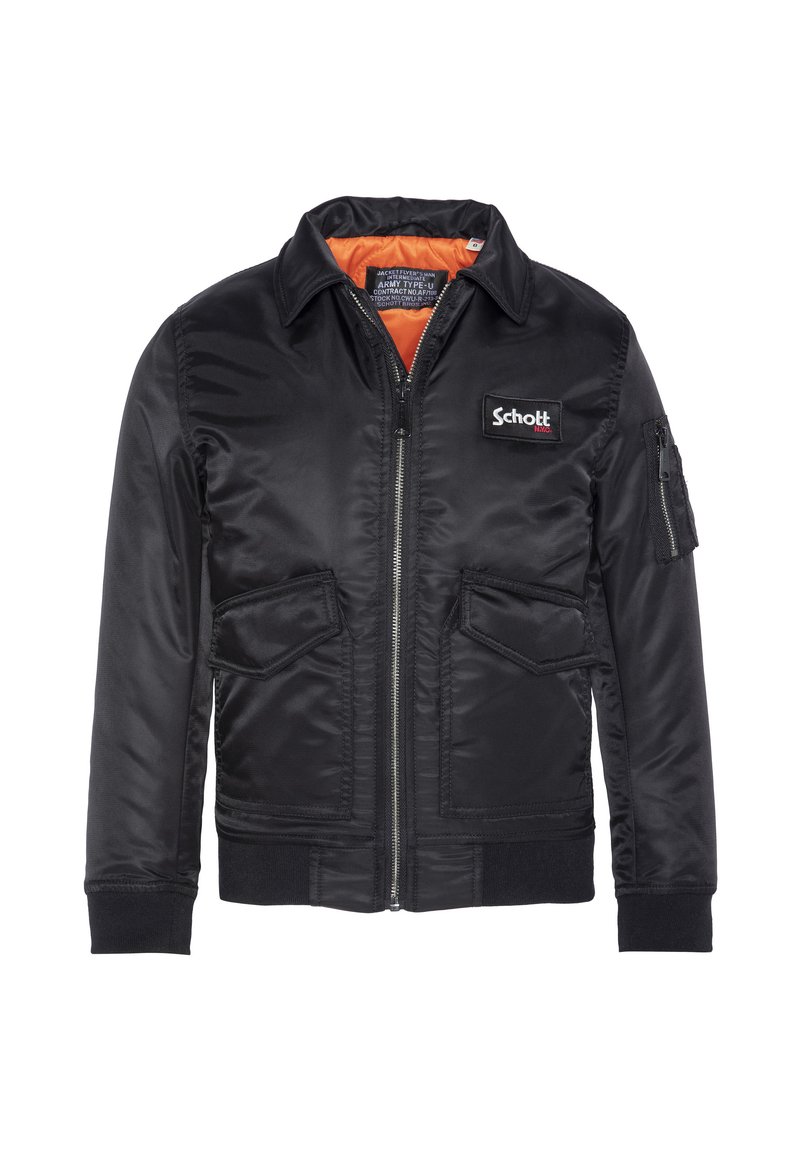 Schwarze Bomberjacke aus Satin, mit Reißverschluss vorne, zwei Fronttaschen, gerippten Bündchen und einem leuchtend orangefarbenen Futter. "Schott"-Logo vorhanden.