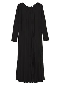Robe midi noire à manches longues avec encolure ronde et détails en tissu plissé sur le devant et la jupe.