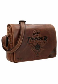 Brown leather messenger bag with a flap, featuring embossed logos, stitching details, and a checkered pattern on the bottom. Adjustable strap included.