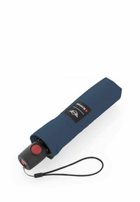 Compact navy paraplu met een cilindrisch ontwerp, zwarte handgreep met een rode knop en een polsband voor eenvoudig dragen.