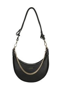 Černá kožená kabelka ve tvaru půlměsíce se zlatým řetízkem a nastavitelným ramenním popruhem se zlatými sponami.