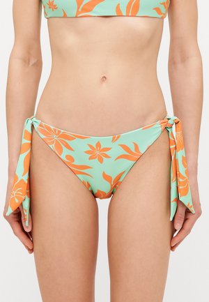 Turquoise bikini bottom with orange floral patterns. Features tie closures at the sides and a smooth texture. Adjustable fit.