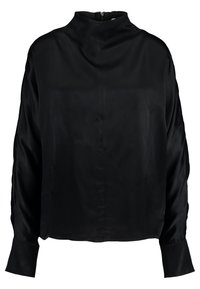 Schwarze Satinbluse mit langen Ärmeln, hohem Kragen, Frontreißverschluss und glatter Textur. Verfügt über breite Manschetten und einen lockeren Schnitt.