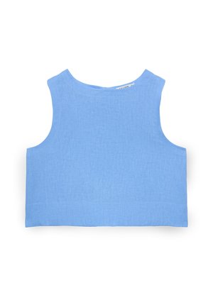 Top corto senza maniche azzurro chiaro con scollo tondo, realizzato in tessuto strutturato, esposto disteso su sfondo bianco.
