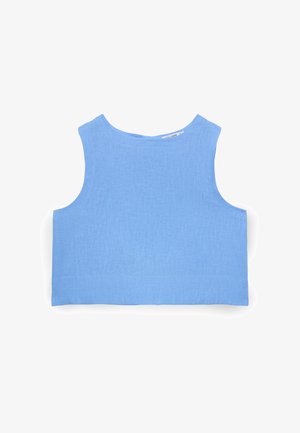 Top corto senza maniche azzurro chiaro con scollo tondo, realizzato in tessuto strutturato, esposto disteso su sfondo bianco.