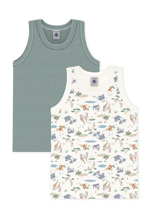 Zwei ärmellose Hemden: eines in Grün mit dünnen Streifen, das andere in Creme mit einem bunten Tierdruck mit Löwen, Elefanten und Zebras.