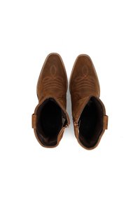 Stivaletti alla caviglia in suede marrone con punte appuntite, cuciture decorative e zip laterale. Texture liscia con tacco basso e accenti minimi.