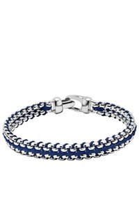 Navy blue leather bracelet with woven metal chain detail, featuring a silver clasp and smooth texture. Double-strand design highlights craftsmanship.