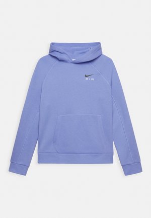 Lila Fleece-Hoodie mit einer Kängurutasche, Kapuze mit Kordelzug und einem schwarzen Nike Air-Logo auf der Brust. Verfügt über lange Raglanärmel.