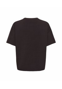 Crni pleteni džemper kratkih rukava s okruglim izrezom i ravnim rubom prikazan sa stražnje strane na bijeloj pozadini.