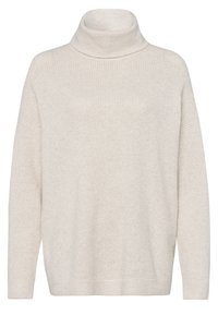 Pull en maille col roulé de couleur crème avec des manches longues et des poignets et un ourlet côtelés, présenté sur un fond blanc.
