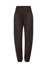 Pantalon marron foncé taille haute avec taille et bas de jambes élastiqués et froncés, coupe ample au niveau des jambes, fabriqué en tissu léger.