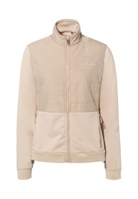 Beige zip-up jack met gevoerd bovenpaneel, gladde onderstof, zijzakken en hoge kraag. Minimale branding op de borst.