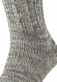 Calzino lavorato a maglia grigio e beige con un motivo a spina di pesce testurizzato, caratterizzato da un filato morbido e spesso per calore e comfort.