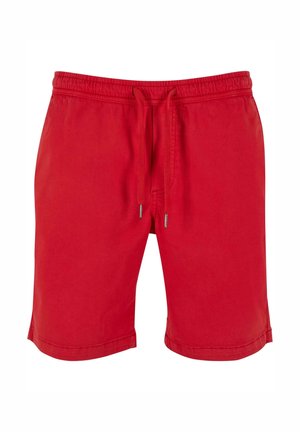 Røde bomullsshorts med elastisk midje, snøring og sidesømmer. Jevn tekstur; et avslappet design som passer til uformelt bruk.