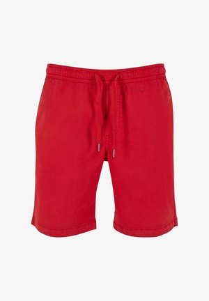 Rode katoenen shorts met een elastische tailleband, trekkoordsluiting en zijnaad. Gladde textuur; een ontspannen ontwerp geschikt voor casual kleding.