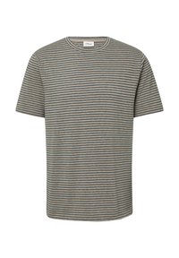 Gestreiftes T-Shirt in hellbeige und Blau, aus weichem Stoff, mit Rundhalsausschnitt und kurzen Ärmeln, mit gleichmäßigen horizontalen Streifen.