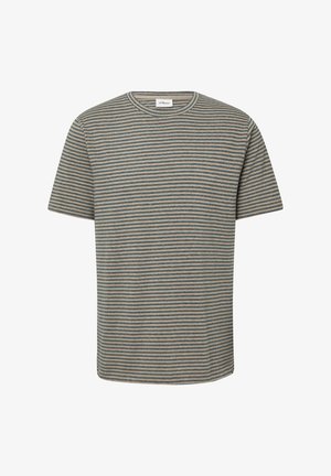 Striped T-shirt in light beige and blue, made of soft fabric, featuring a crew neck and short sleeves, with even horizontal stripes.